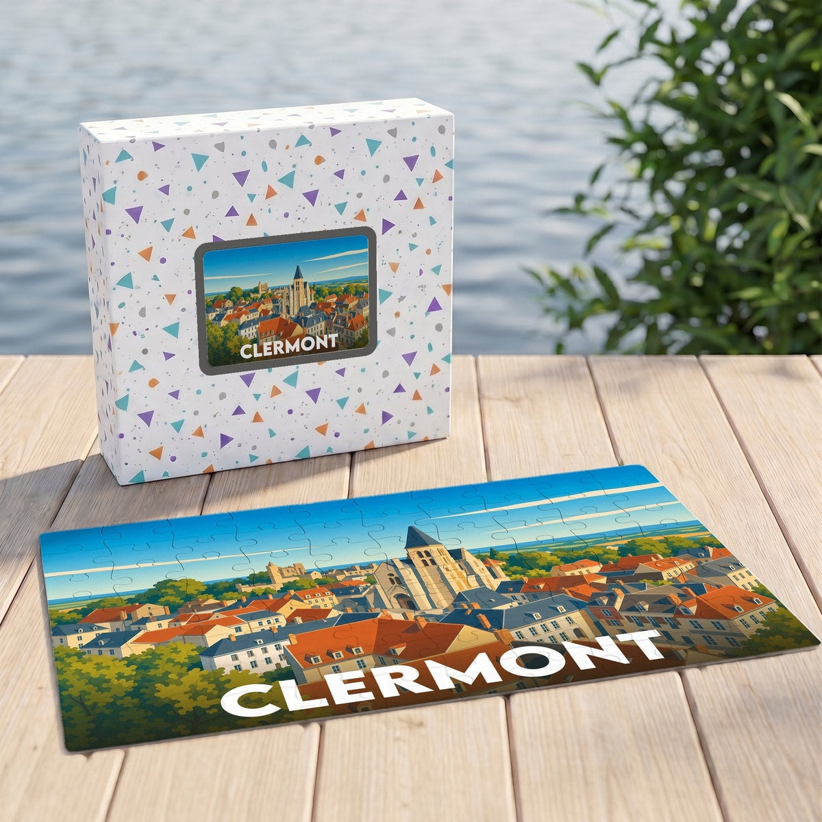 Puzzle souvenir de la ville de Clermont avec une illustration stylisée de ses toits et monuments.