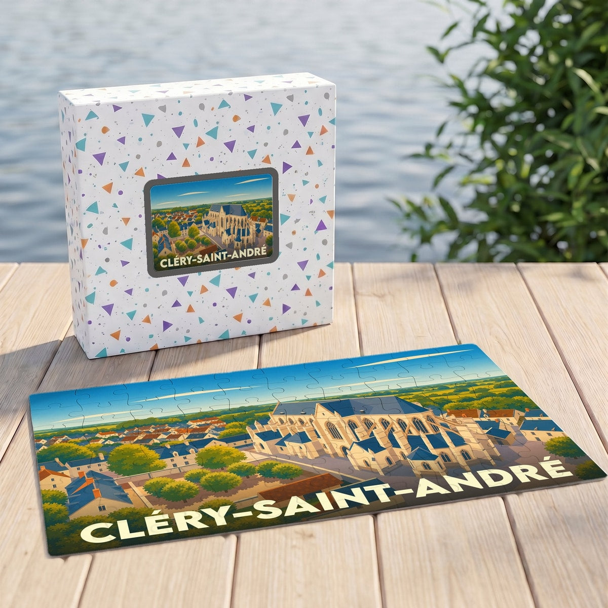 Puzzle souvenir de la ville de Cléry-Saint-André avec une illustration stylisée d'une basilique.