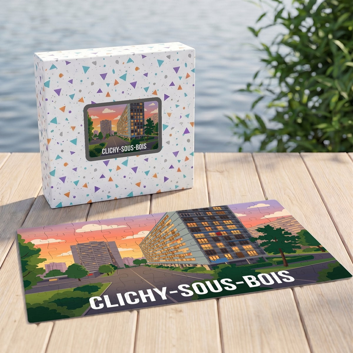 Puzzle souvenir de la ville de Clichy-sous-Bois avec une illustration stylisée de ses immeubles au coucher du soleil.
