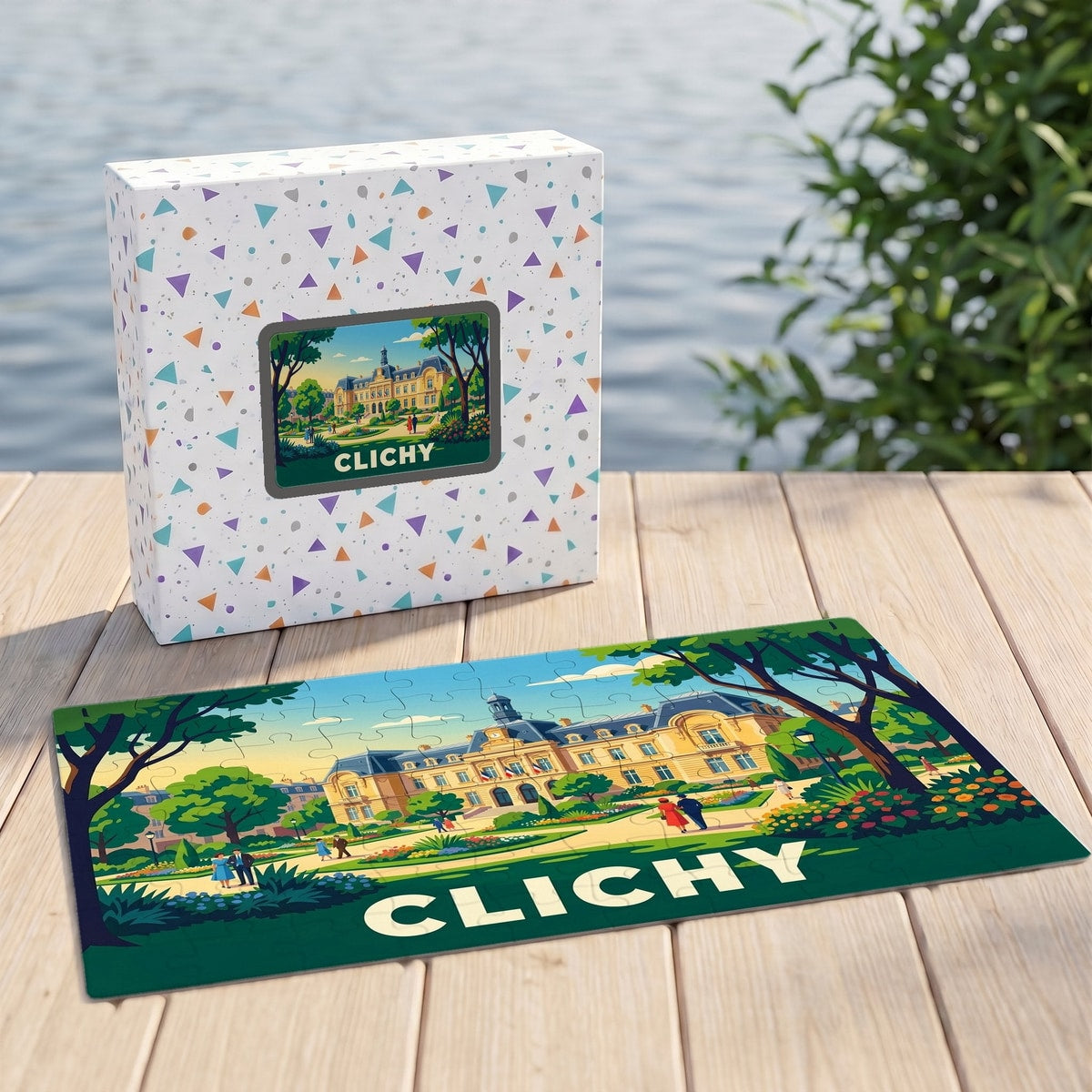Puzzle souvenir de la ville de Clichy présentant une illustration colorée de l'hôtel de ville dans son coffret assorti.