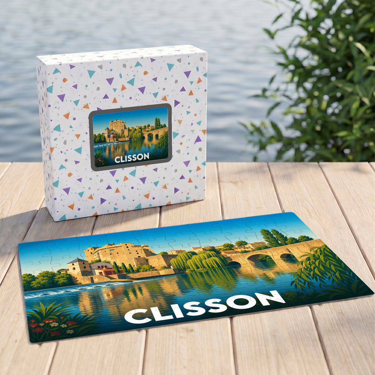 Puzzle souvenir de la ville de Clisson illustrant son château et son pont médiéval sur les bords de la Sèvre.