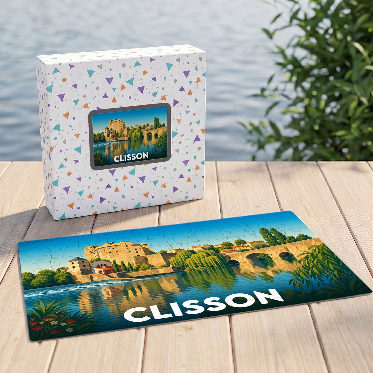 Puzzle souvenir de la ville de Clisson illustrant son château et son pont médiéval sur les bords de la Sèvre.