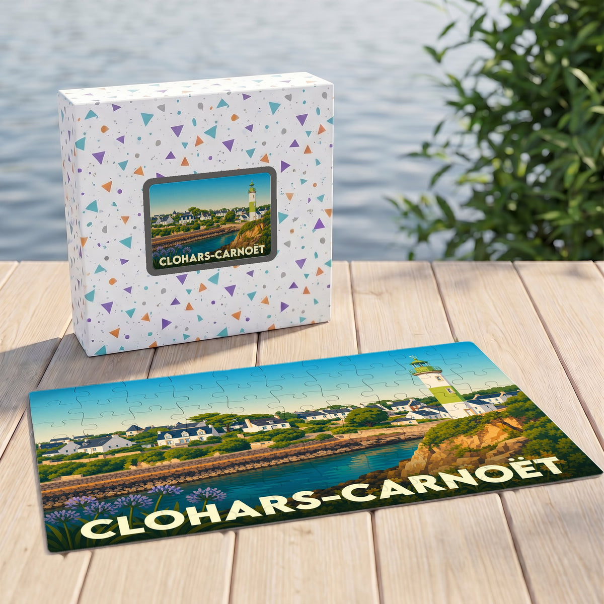 Puzzle souvenir de la ville de Clohars-Carnoët illustrant un paysage côtier avec son phare.