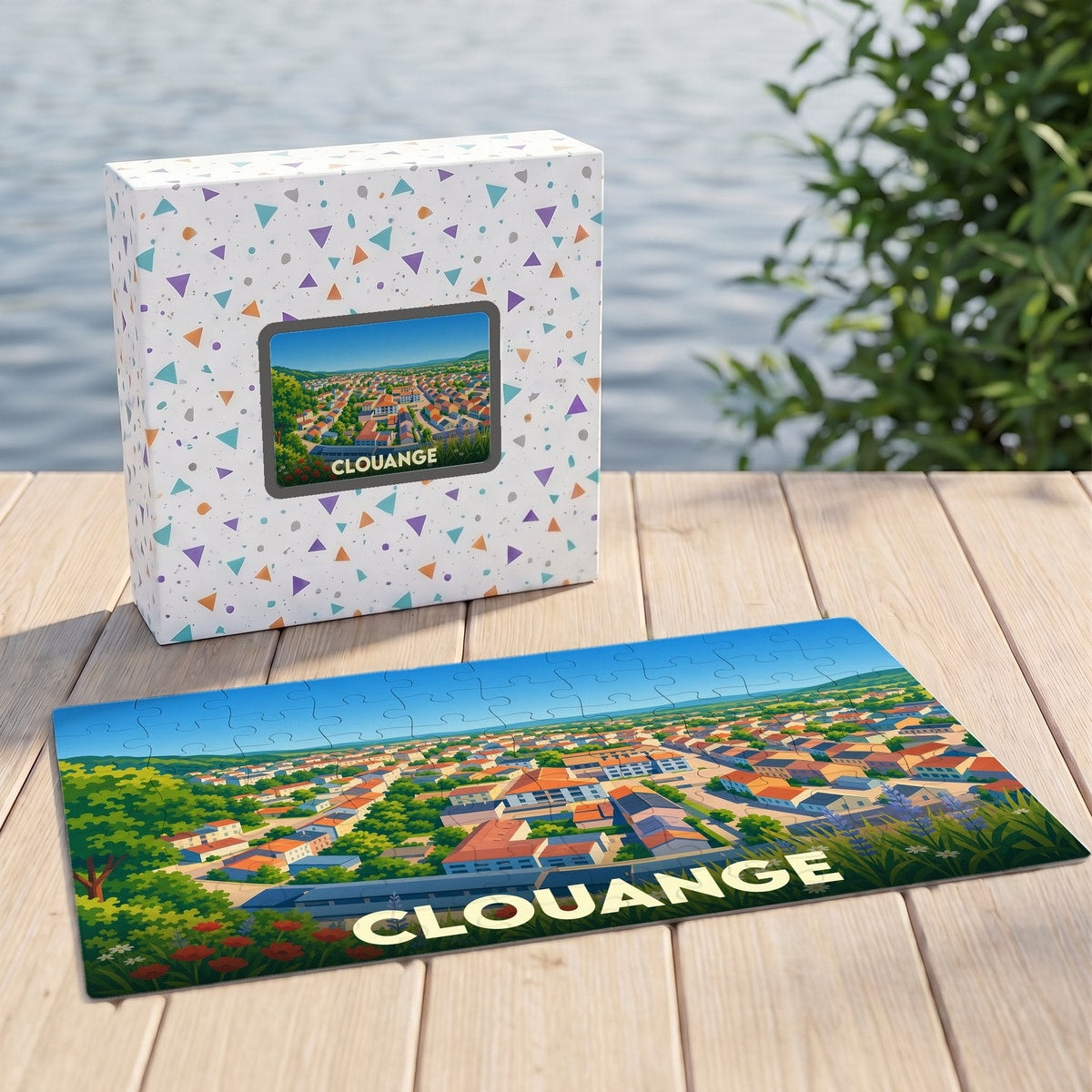 Puzzle souvenir de la ville de Clouange avec une illustration colorée et stylisée de ses paysages.