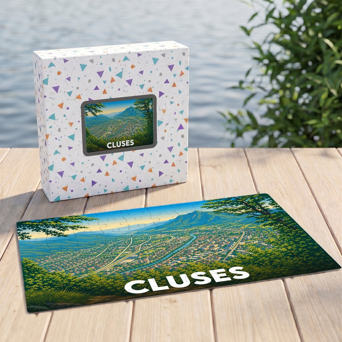 Puzzle souvenir de la ville de Cluses avec une illustration stylisée de la vallée vue des hauteurs.