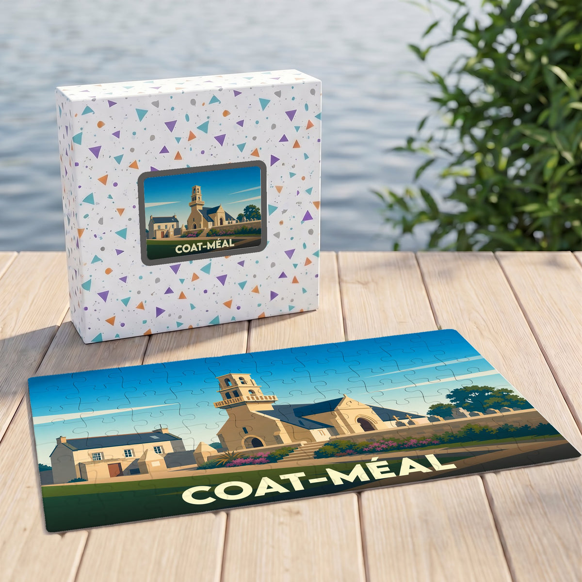 Puzzle souvenir de la ville de Coat-Méal avec une illustration stylisée d'une église bretonne.