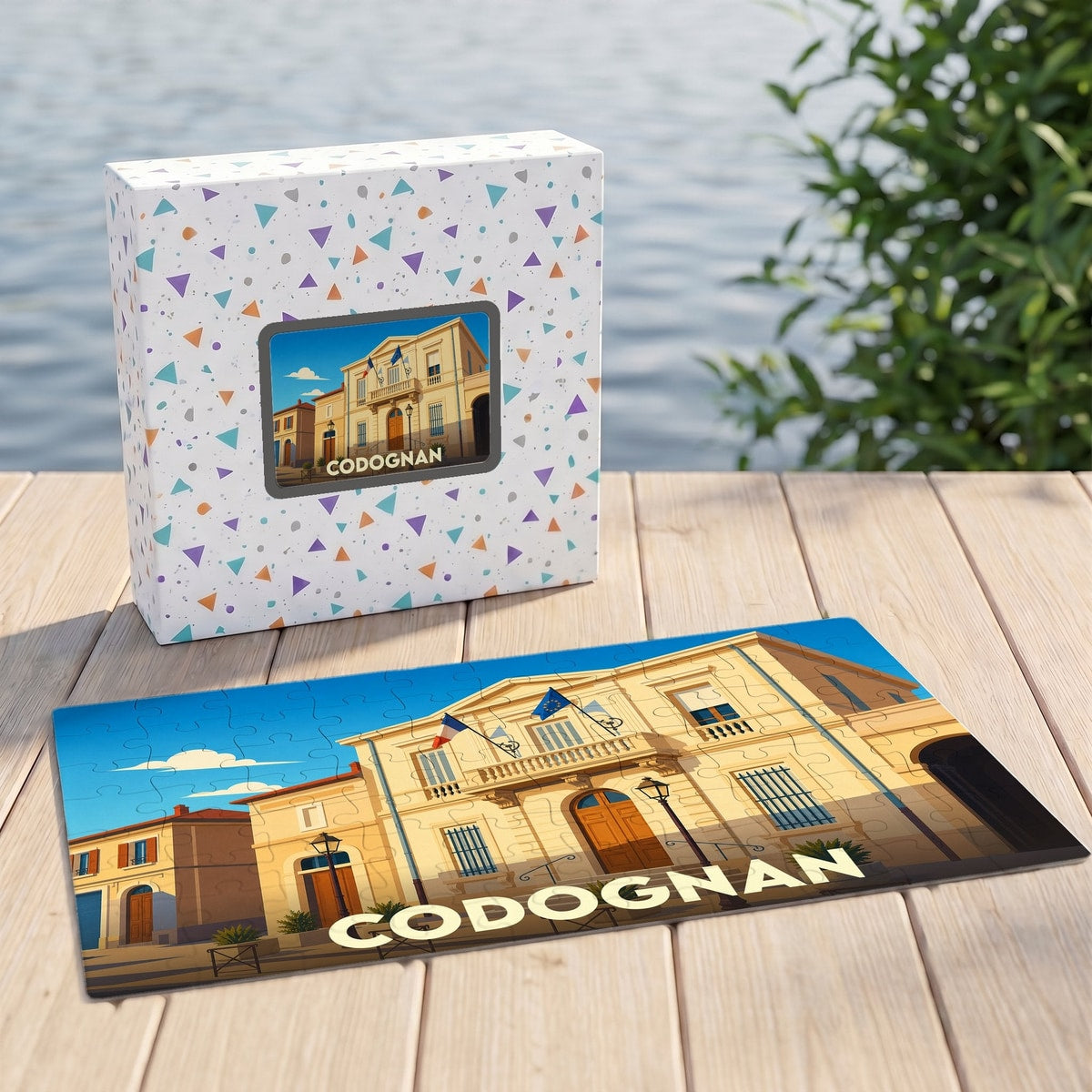 Puzzle souvenir de la ville de Codognan avec une illustration stylisée d'un bâtiment emblématique.