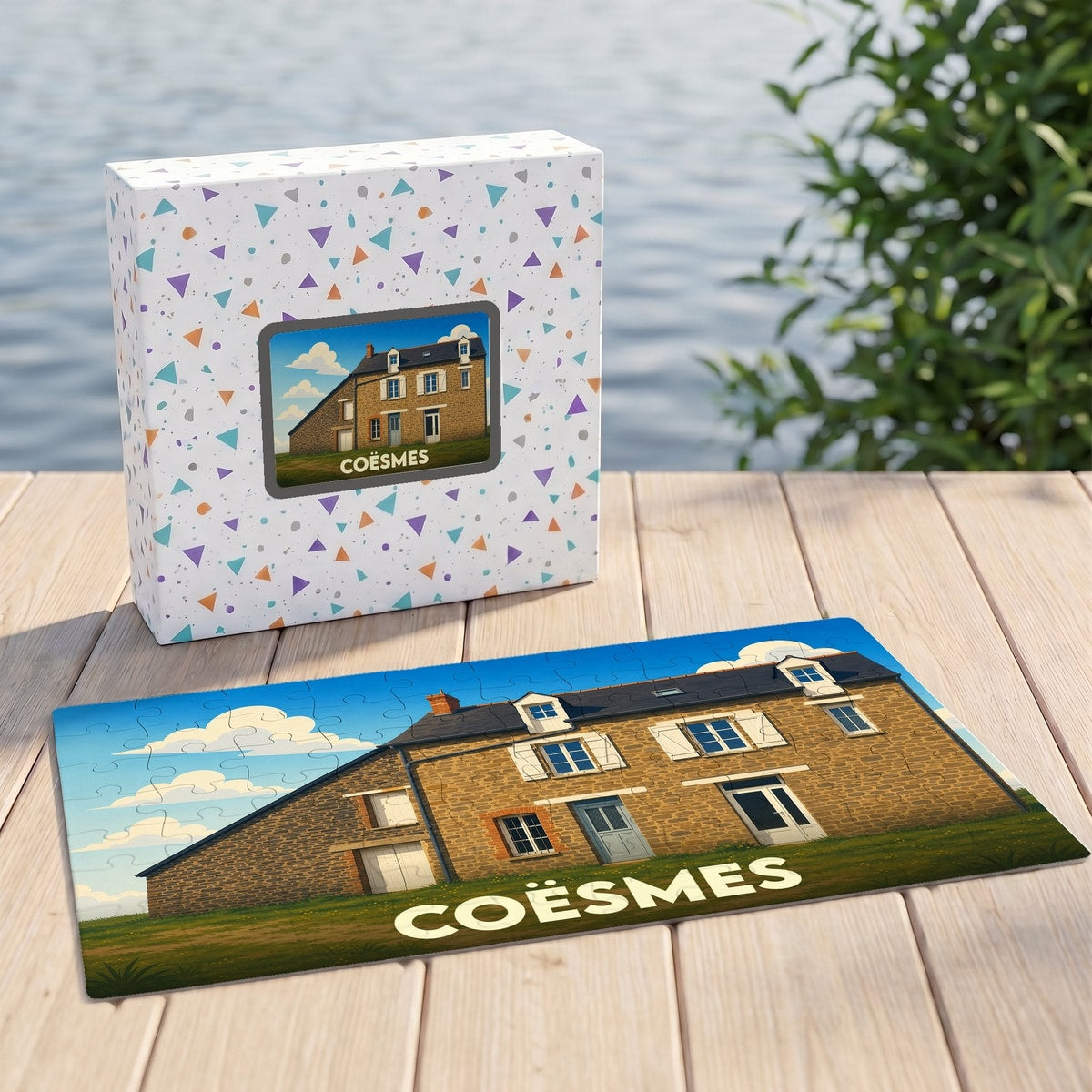 Puzzle souvenir de la ville de Coësmes représentant une maison traditionnelle bretonne dans un style illustré.