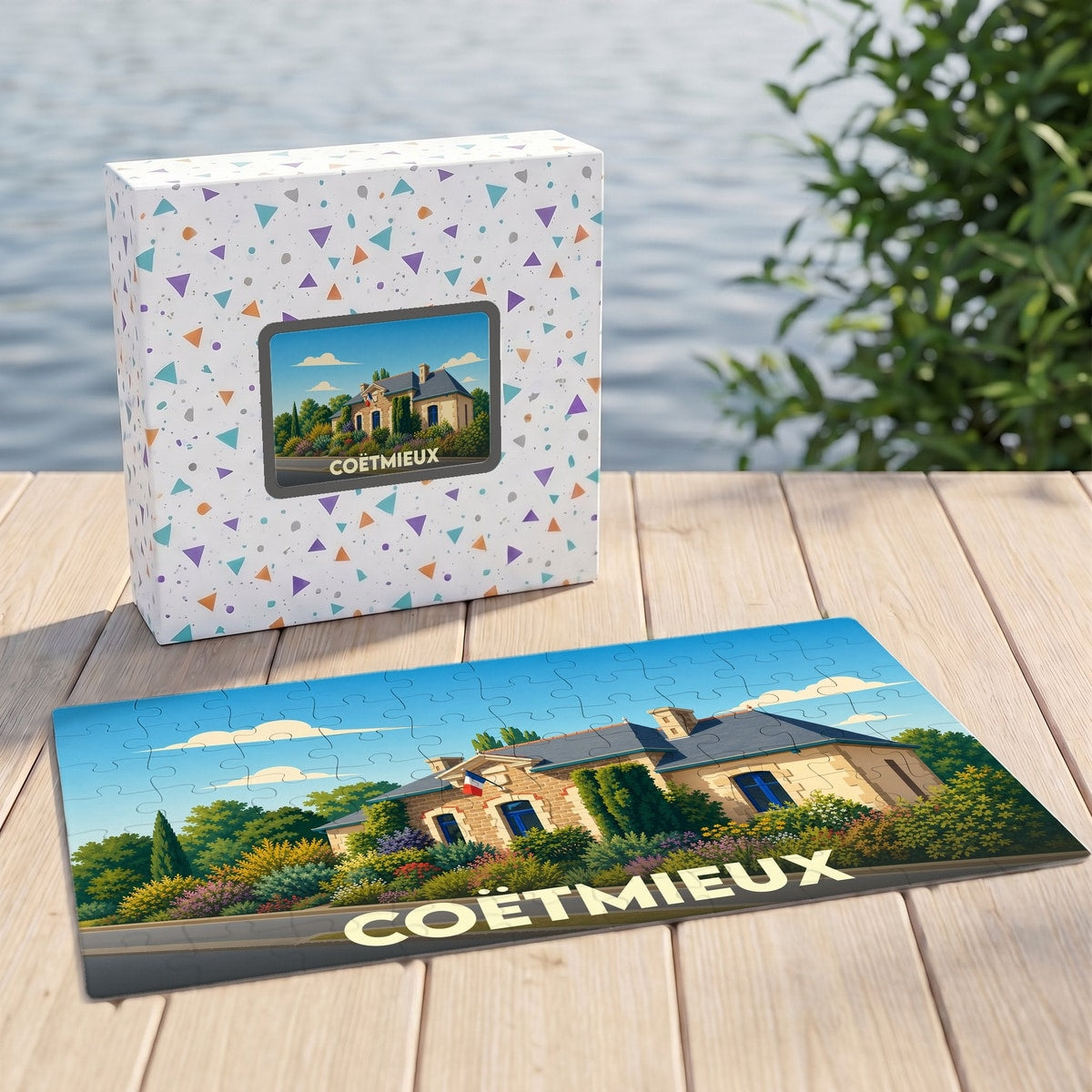 Puzzle souvenir de la commune de Coëtmieux avec une illustration de sa mairie dans un style artistique.