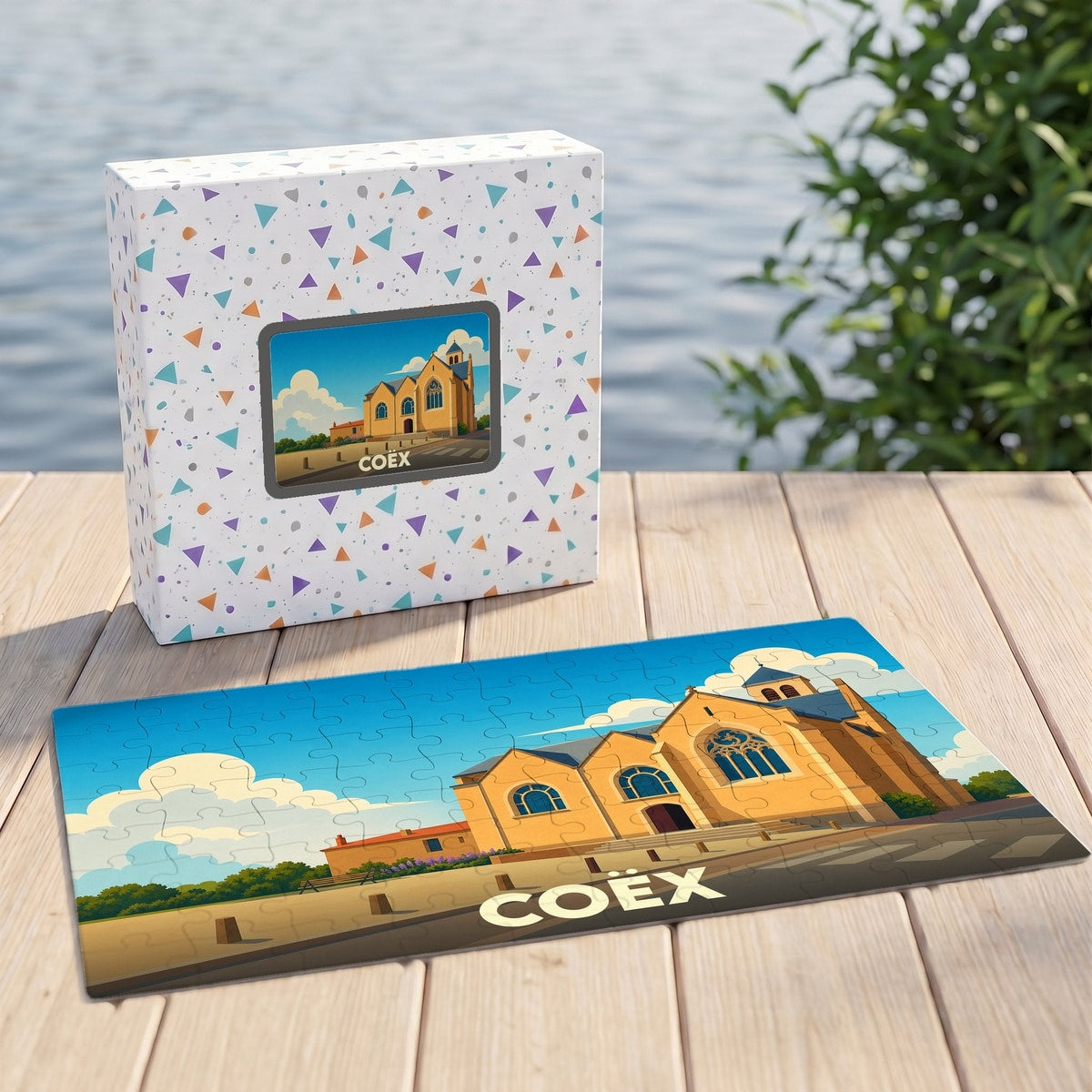 Puzzle souvenir de la ville de Coëx avec une illustration stylisée de son église, présenté à côté de sa boîte.