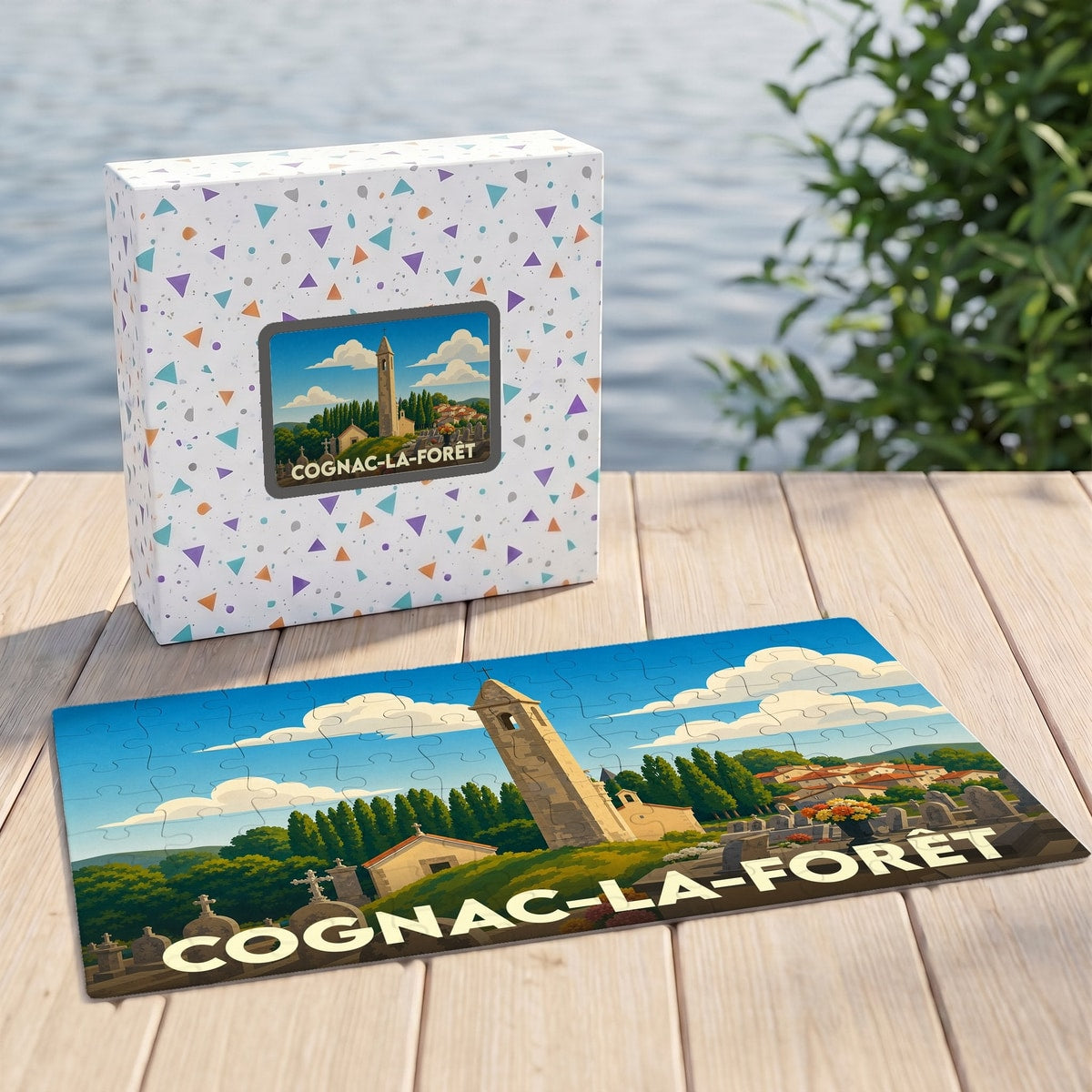 Puzzle souvenir de la ville de Cognac-la-Forêt avec une illustration stylisée d'un paysage local.
