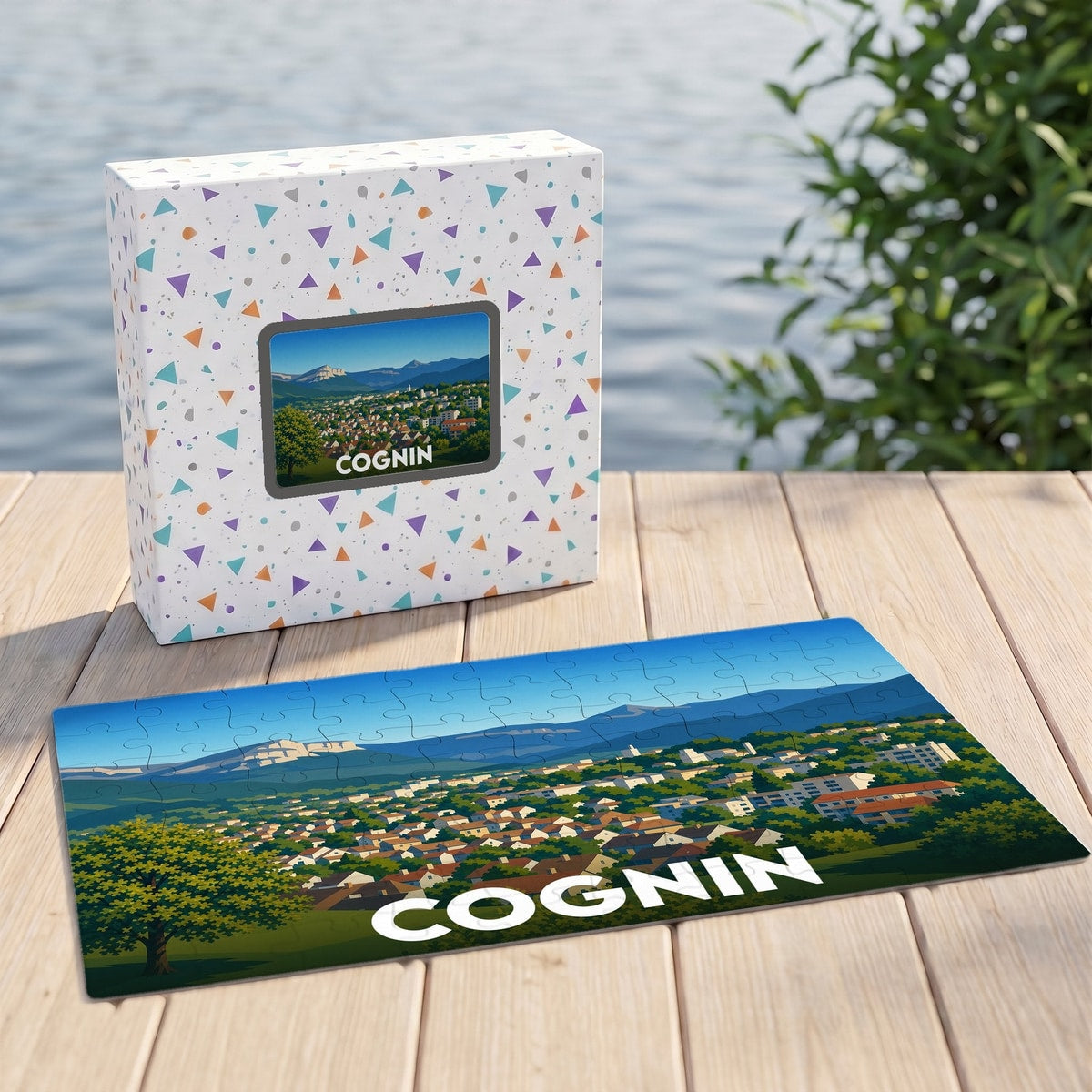 Puzzle souvenir de la ville de Cognin illustré d'un paysage panoramique stylisé.