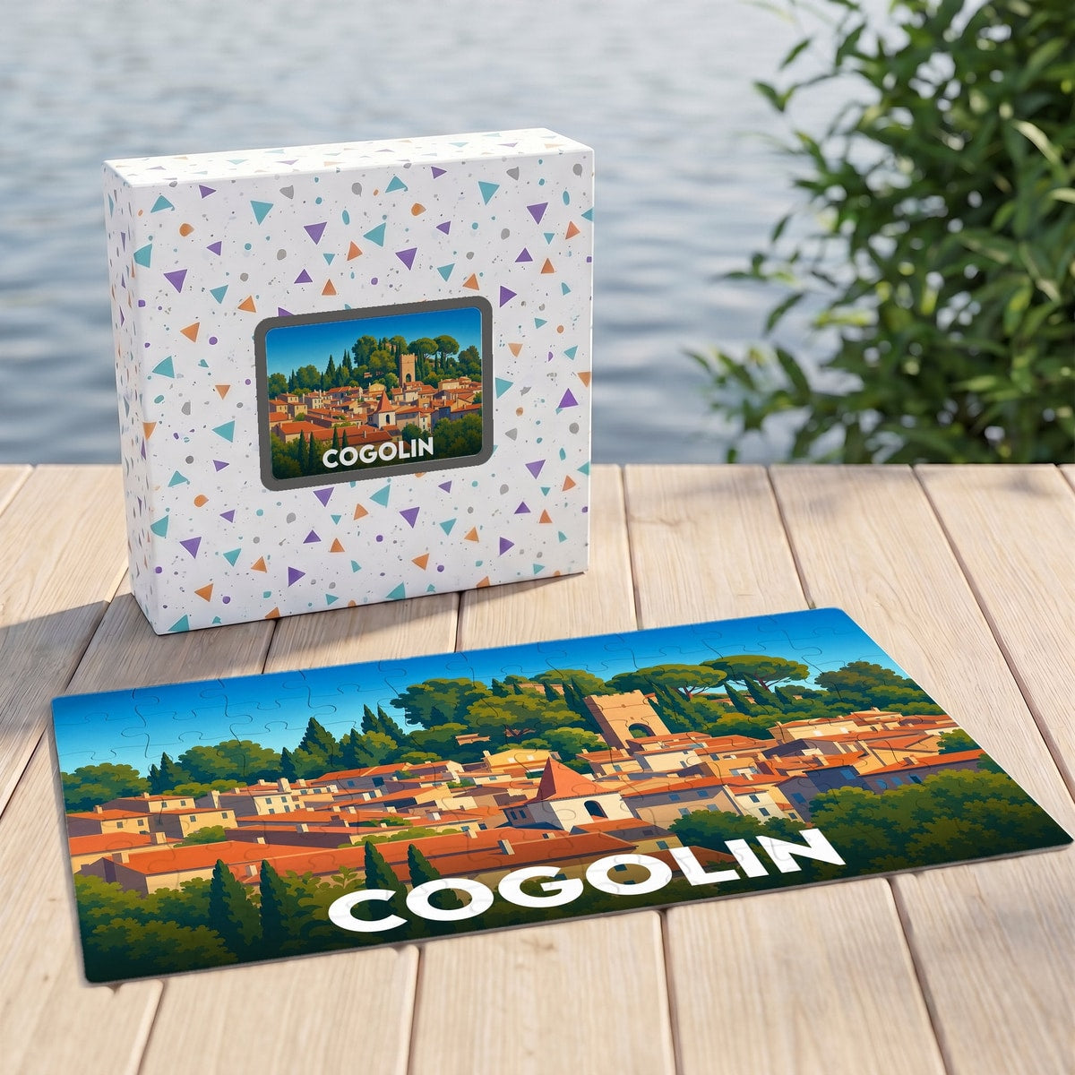 Puzzle souvenir de la ville de Cogolin présentant une illustration stylisée d'un paysage urbain provençal.