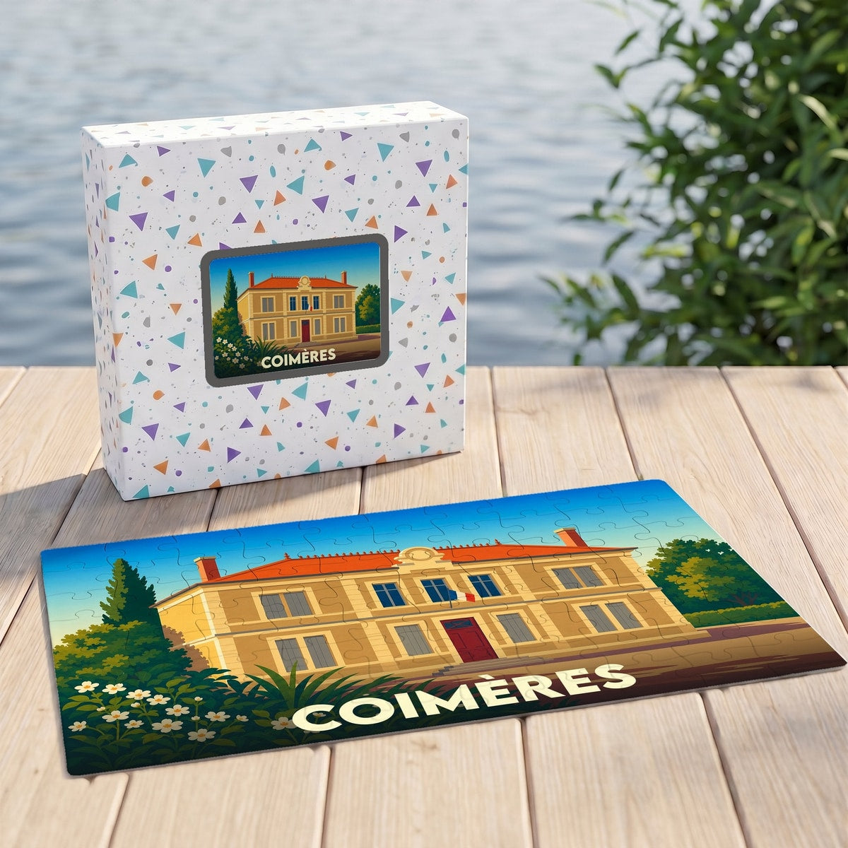 Puzzle souvenir de la ville de Coimères avec une illustration stylisée.