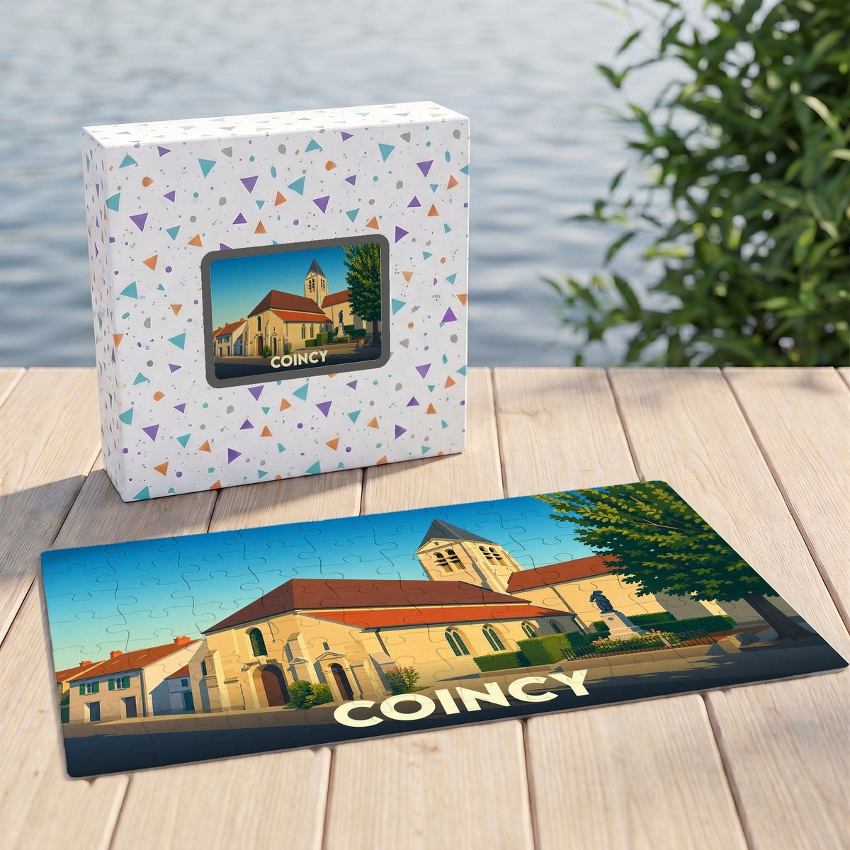 Puzzle souvenir de la ville de Coincy avec une illustration stylisée d'une église sous un ciel bleu.