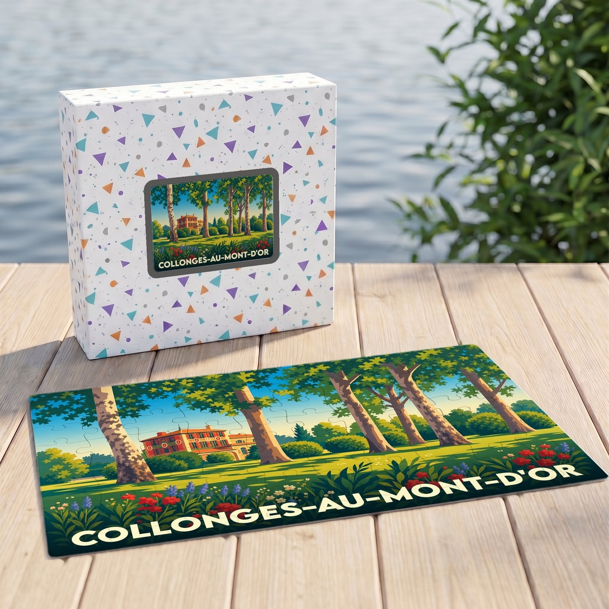 Puzzle souvenir de Collonges-au-Mont-d'Or représentant une illustration stylisée de la ville dans son coffret assorti.