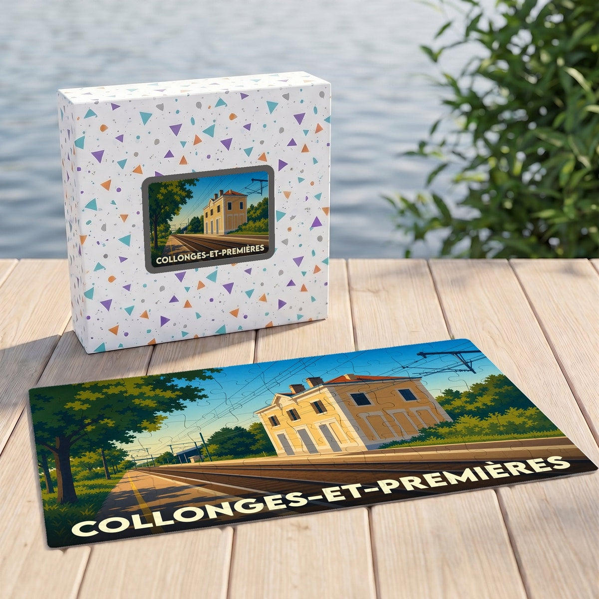 Puzzle souvenir de la commune de Collonges-et-Premières avec une illustration stylisée de sa gare ferroviaire.