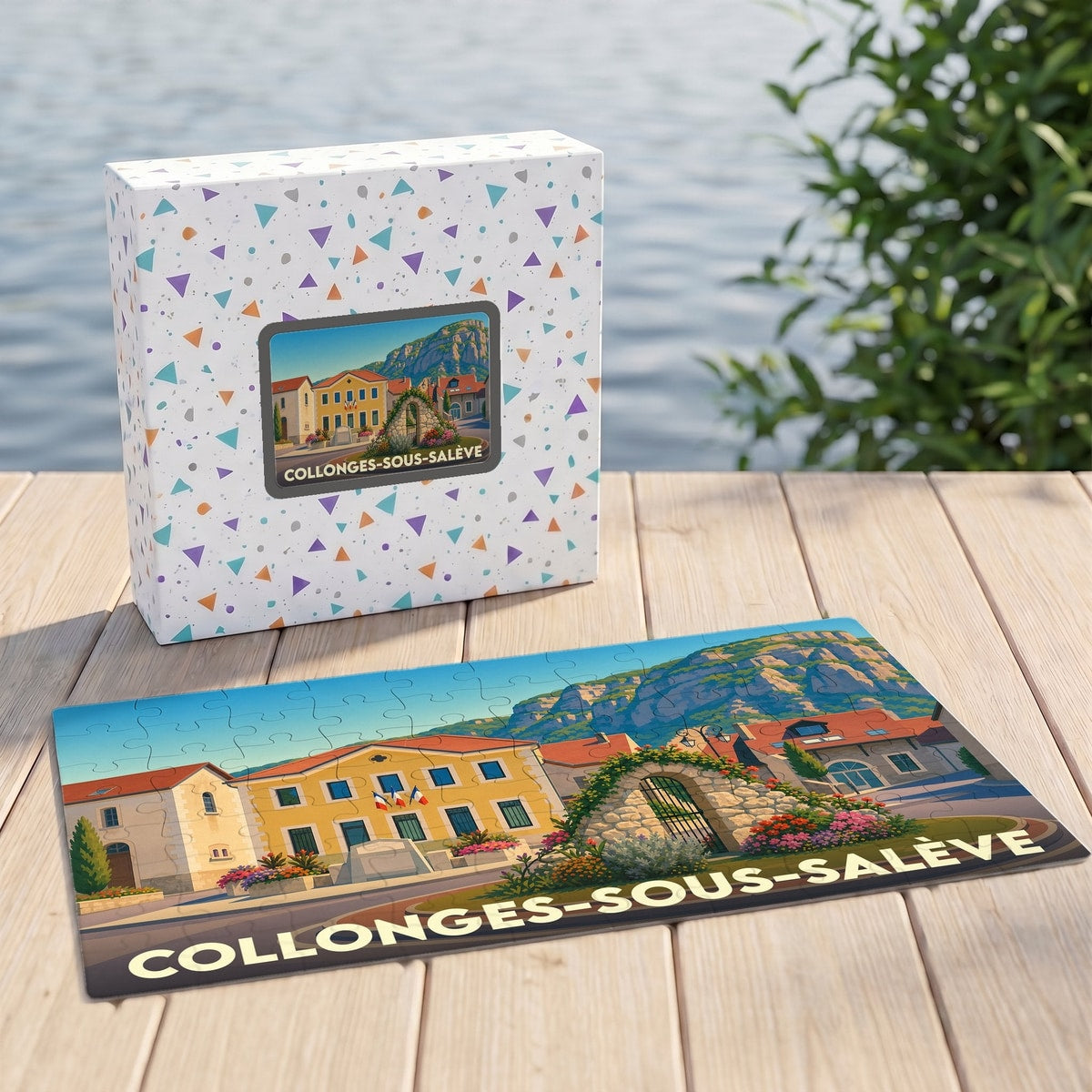 Puzzle souvenir de la ville de Collonges-sous-Salève avec une illustration stylisée.