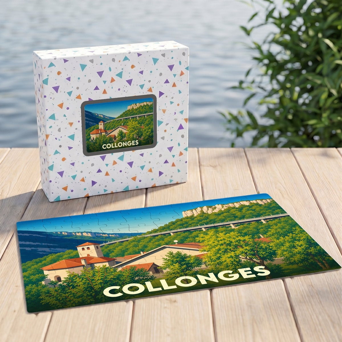 Puzzle souvenir de la ville de Collonges avec une illustration stylisée d'un paysage de montagne.