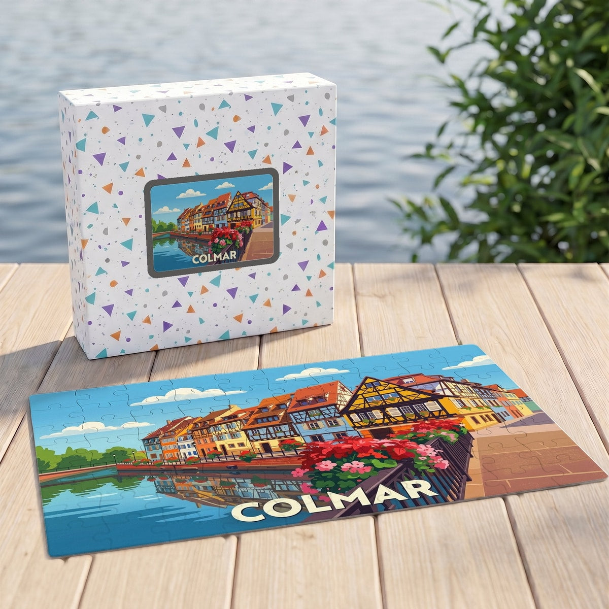 Puzzle souvenir de la ville de Colmar avec une illustration colorée de ses maisons à colombages au bord de l'eau.