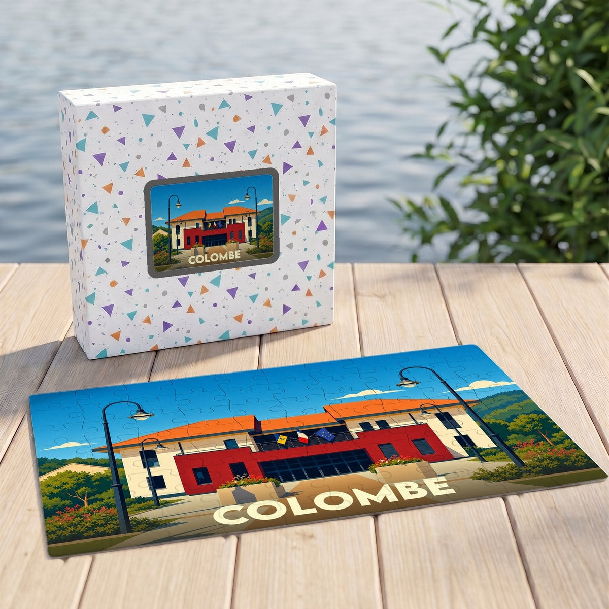 Puzzle souvenir de la ville de Colombe avec une illustration stylisée de son hôtel de ville.