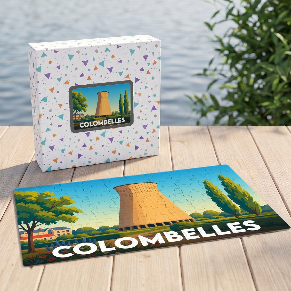 Puzzle souvenir de la ville de Colombelles illustrant sa célèbre tour de refroidissement dans un style graphique épuré.