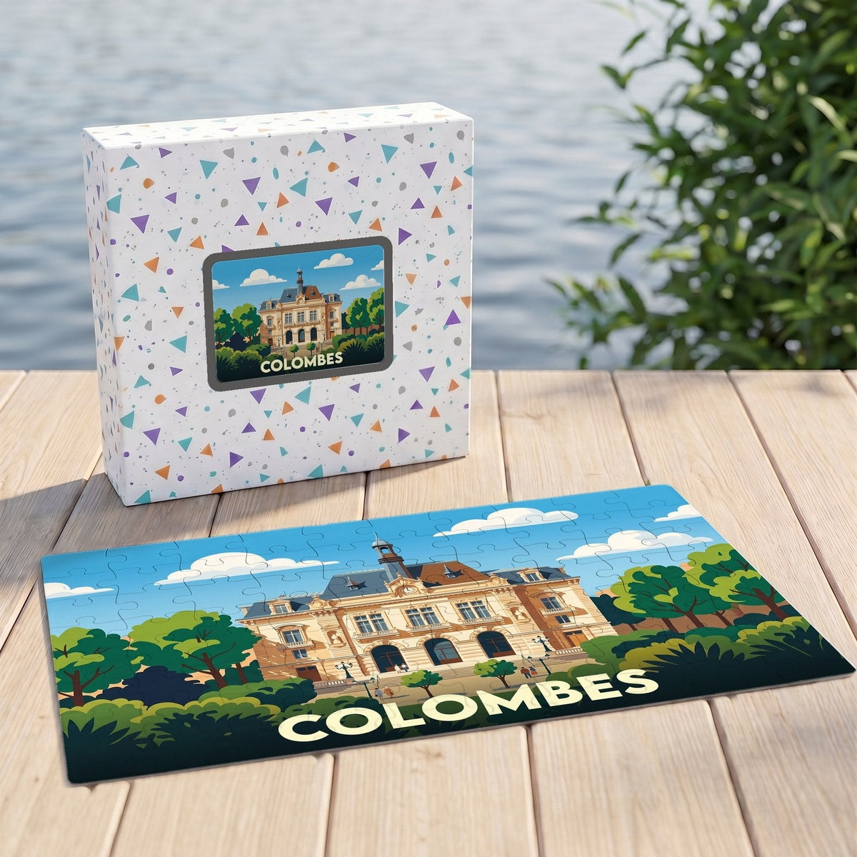 Puzzle souvenir de la ville de Colombes présentant une illustration stylisée de son hôtel de ville.