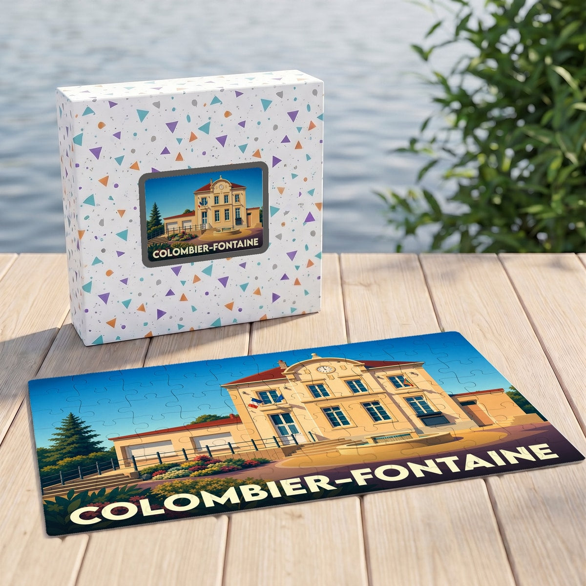 Puzzle souvenir de la ville de Colombier-Fontaine avec une illustration stylisée d'un bâtiment municipal.