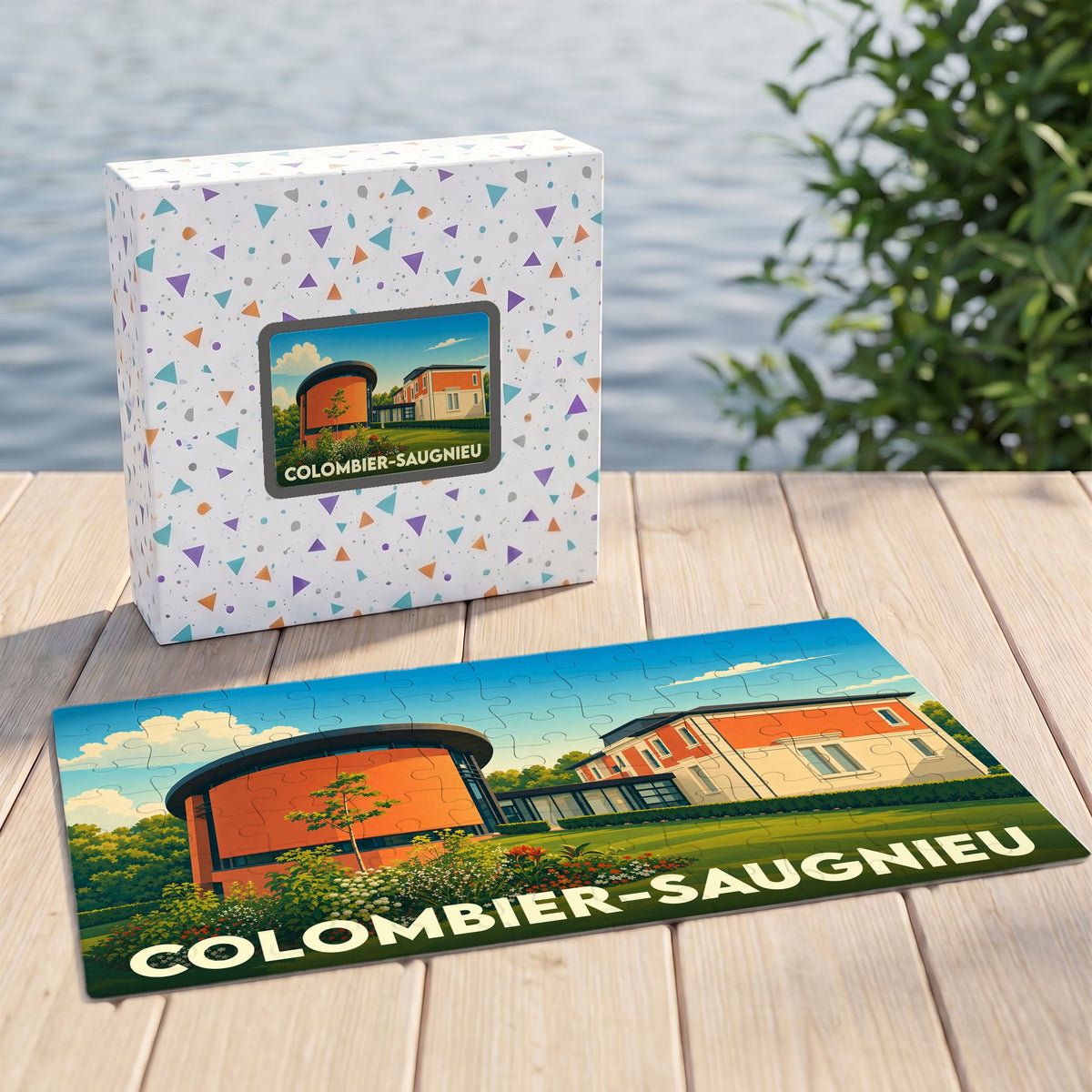Puzzle souvenir de la ville de Colombier-Saugnieu avec une illustration stylisée et colorée de ses bâtiments.