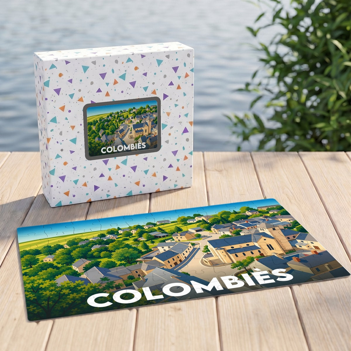 Puzzle souvenir de la ville de Colombiès avec une illustration stylisée et colorée.