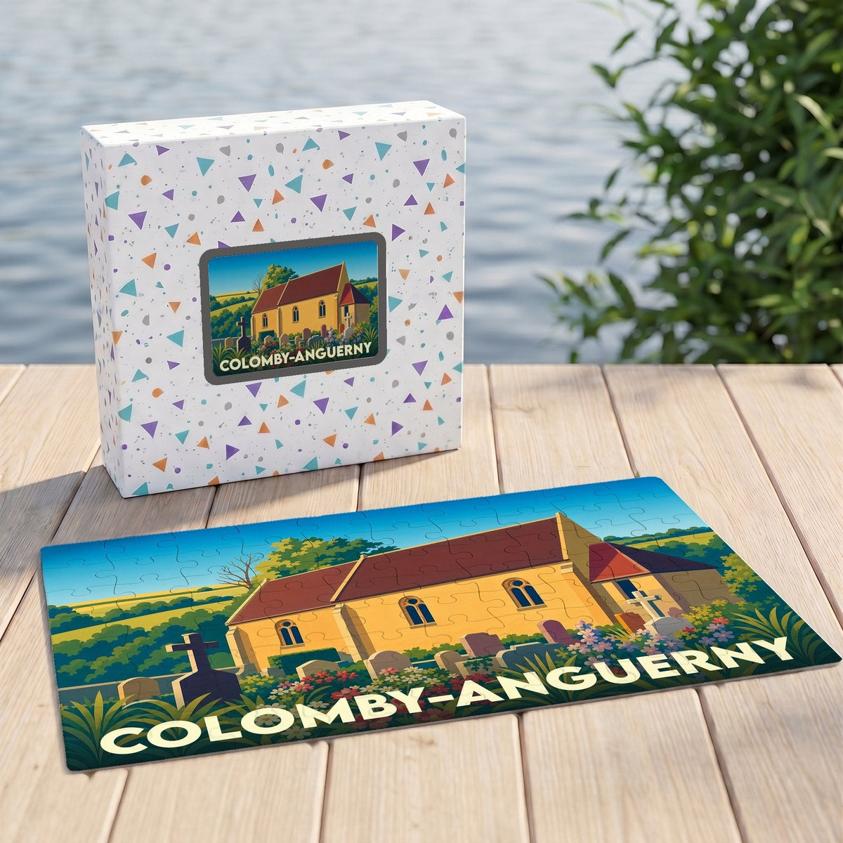 Puzzle souvenir de la ville de Colomby-Anguerny avec une illustration stylisée.