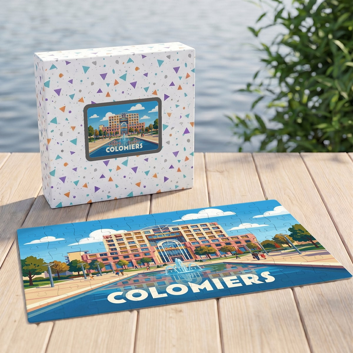 Puzzle souvenir de la ville de Colomiers représentant une illustration colorée de l'hôtel de ville et sa fontaine.
