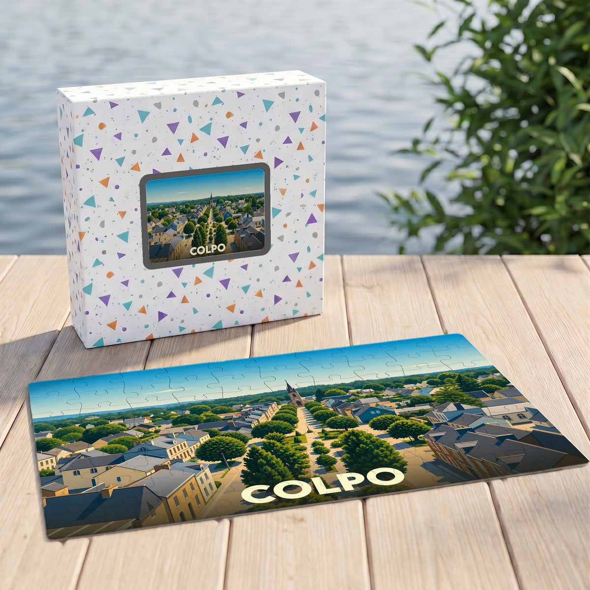 Puzzle souvenir de la ville de Colpo avec une illustration aérienne colorée.
