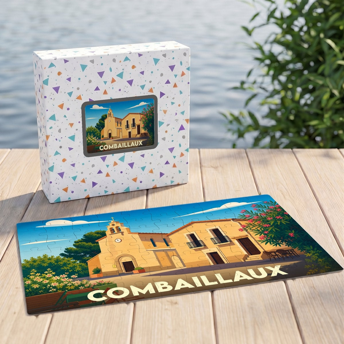 Puzzle souvenir de la ville de Combaillaux avec une illustration stylisée.