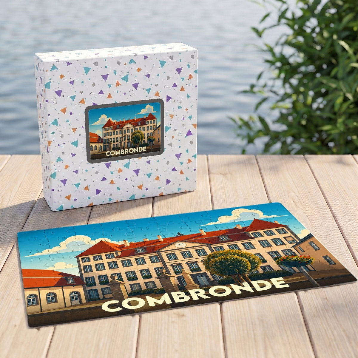 Puzzle souvenir de la ville de Combronde avec une illustration stylisée d'un bâtiment historique.