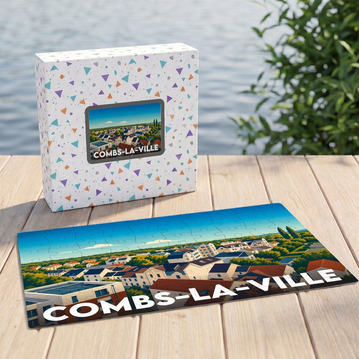 Puzzle souvenir de la ville de Combs-la-Ville avec une illustration panoramique stylisée.