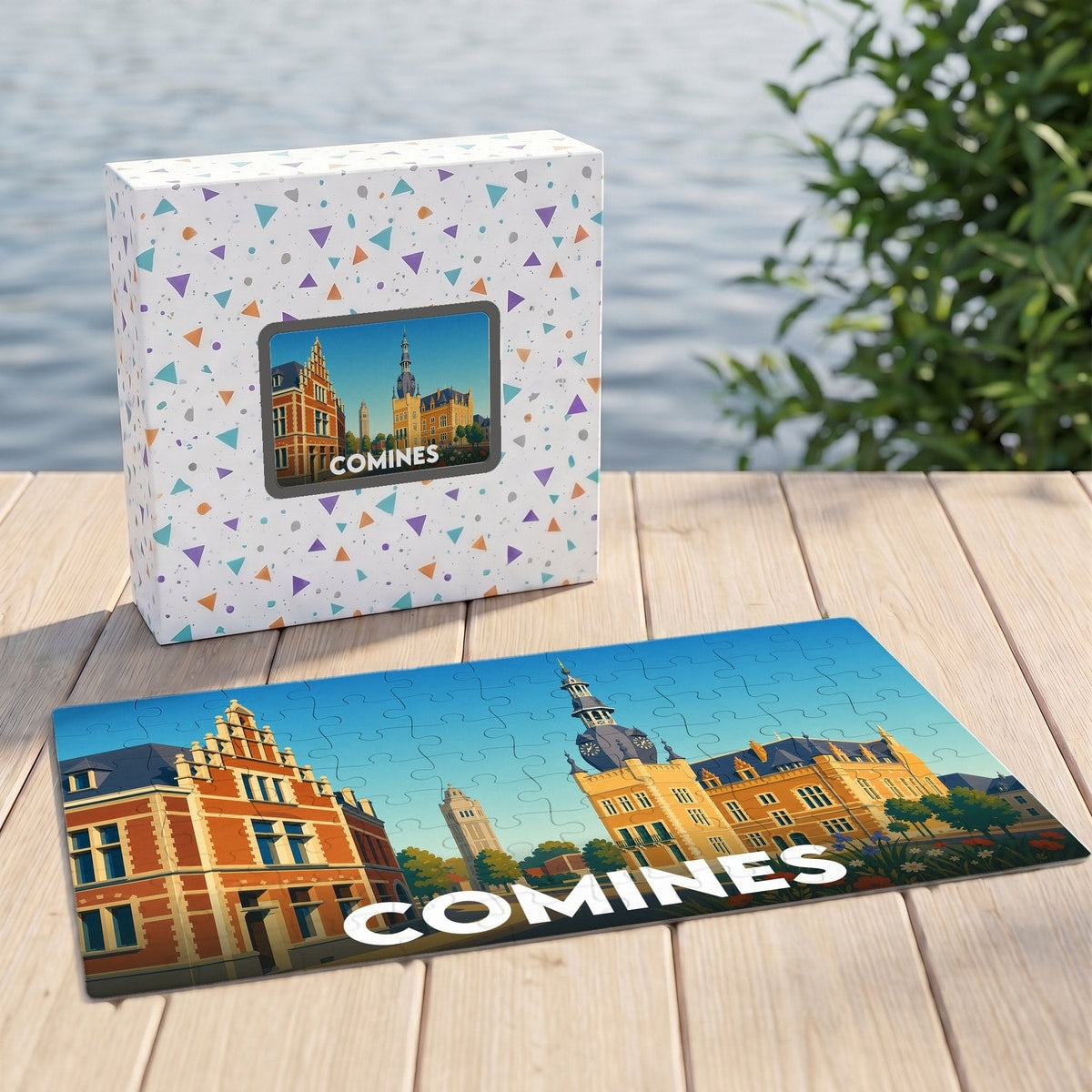 Puzzle souvenir de la ville de Comines illustrant ses monuments historiques dans un style graphique épuré.