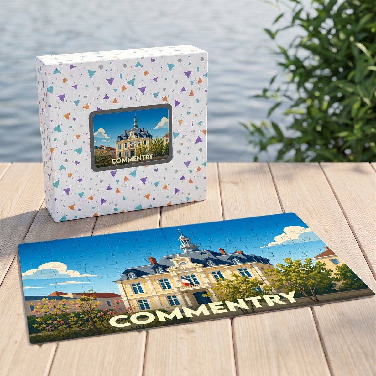 Puzzle souvenir de la ville de Commentry représentant l'hôtel de ville dans un style illustré.