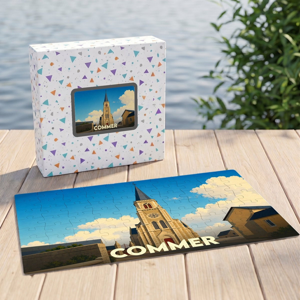 Puzzle souvenir de la ville de Commer illustrant son église sous un ciel nuageux.