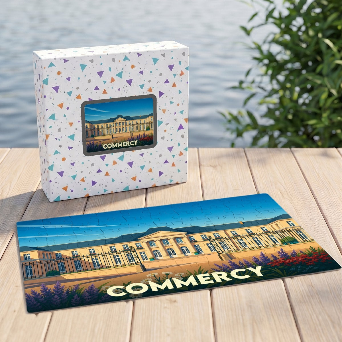 Puzzle souvenir de la ville de Commercy avec une illustration stylisée de son château.