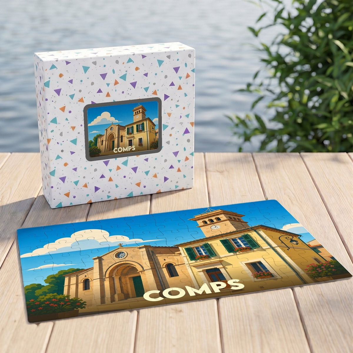 Puzzle souvenir de la ville de Comps représentant une église ensoleillée sous forme d'illustration colorée.