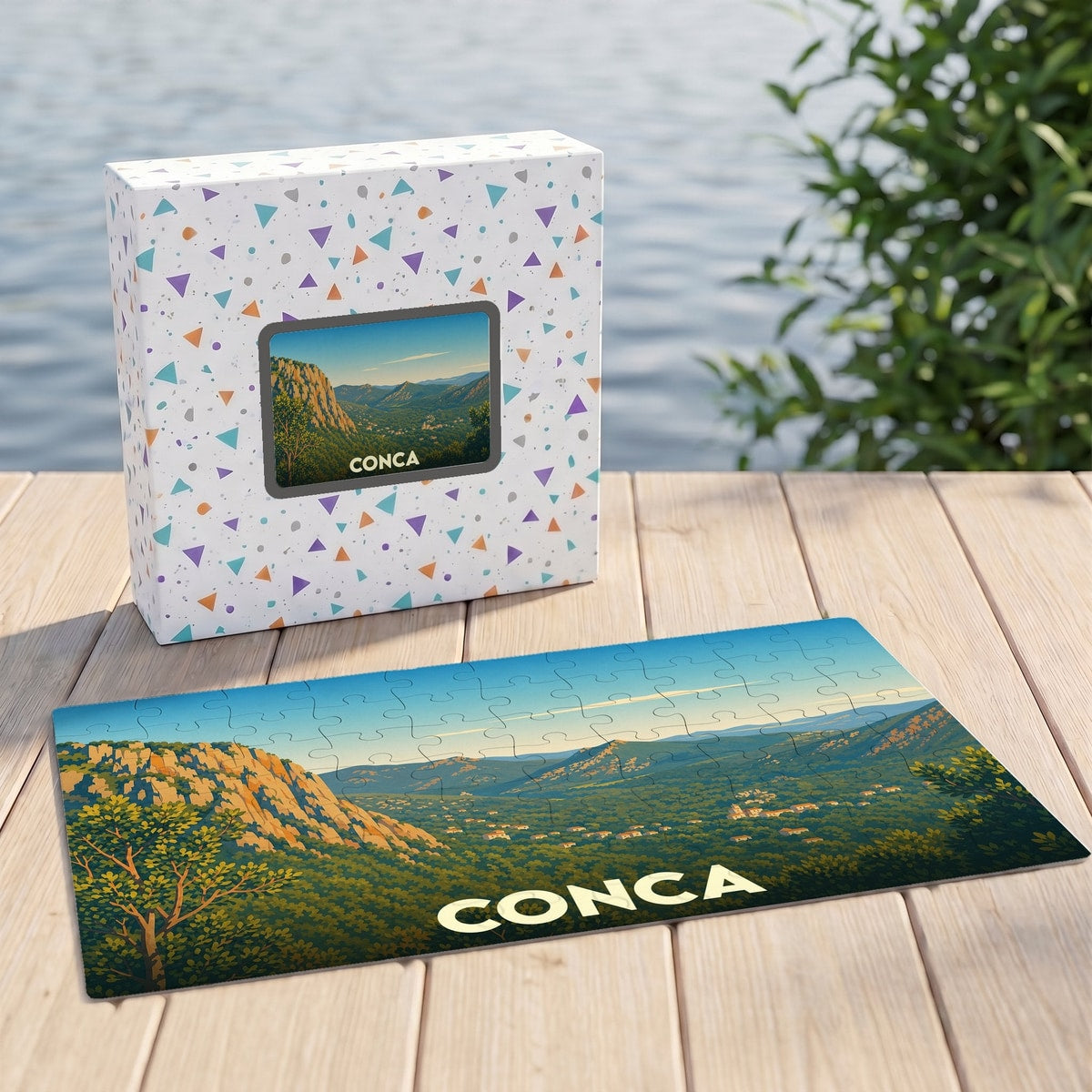 Puzzle souvenir de la ville de Conca avec une illustration de paysage montagneux.