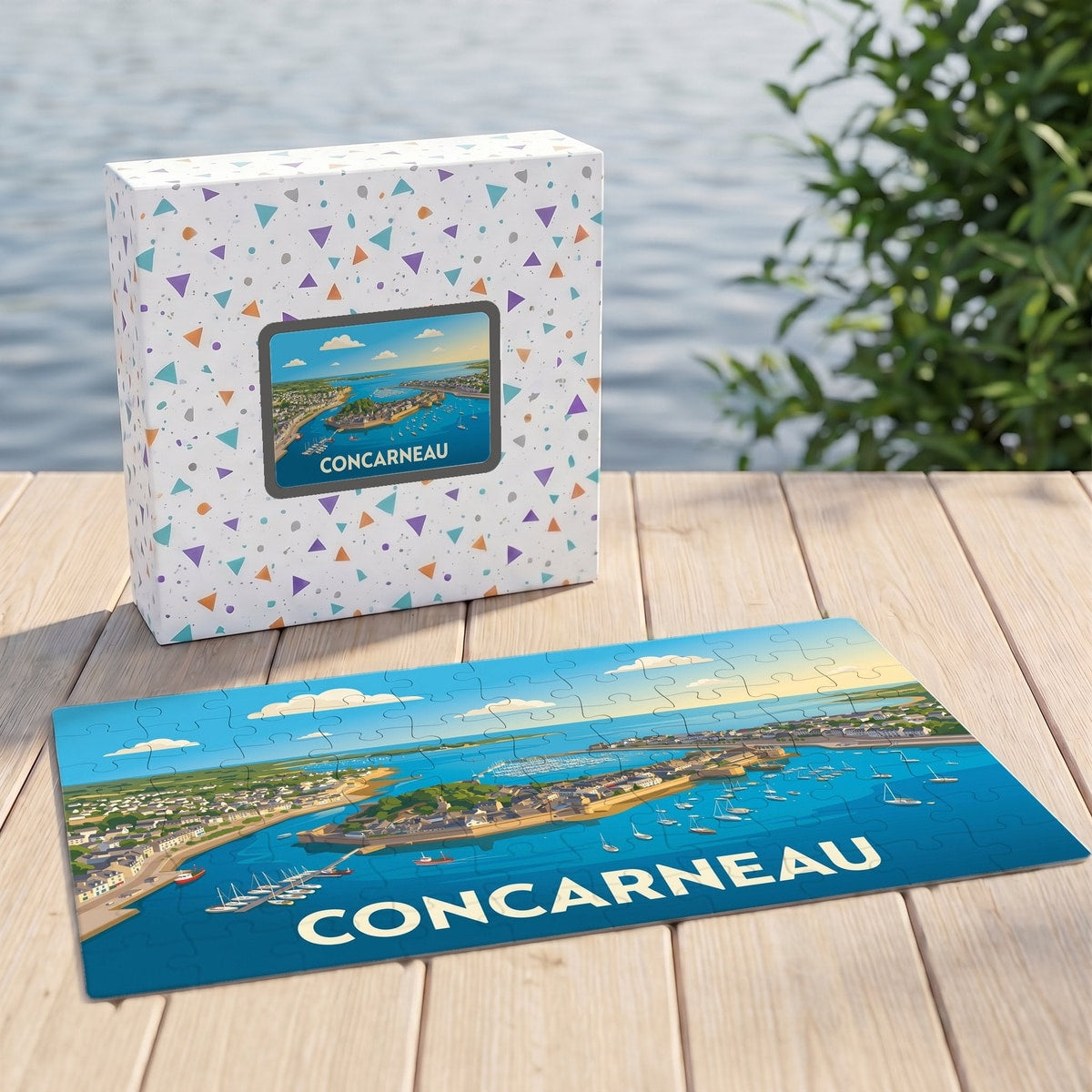 Puzzle souvenir de la ville de Concarneau présentant une illustration aérienne colorée de sa ville close et de son port.
