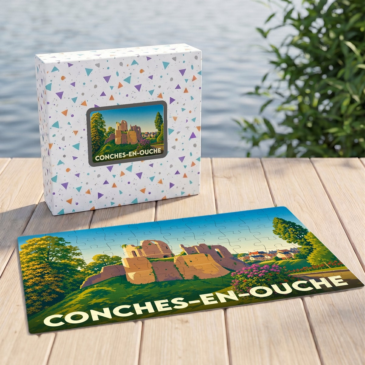 Puzzle souvenir de la ville de Conches-en-Ouche avec une illustration stylisée de son château médiéval.