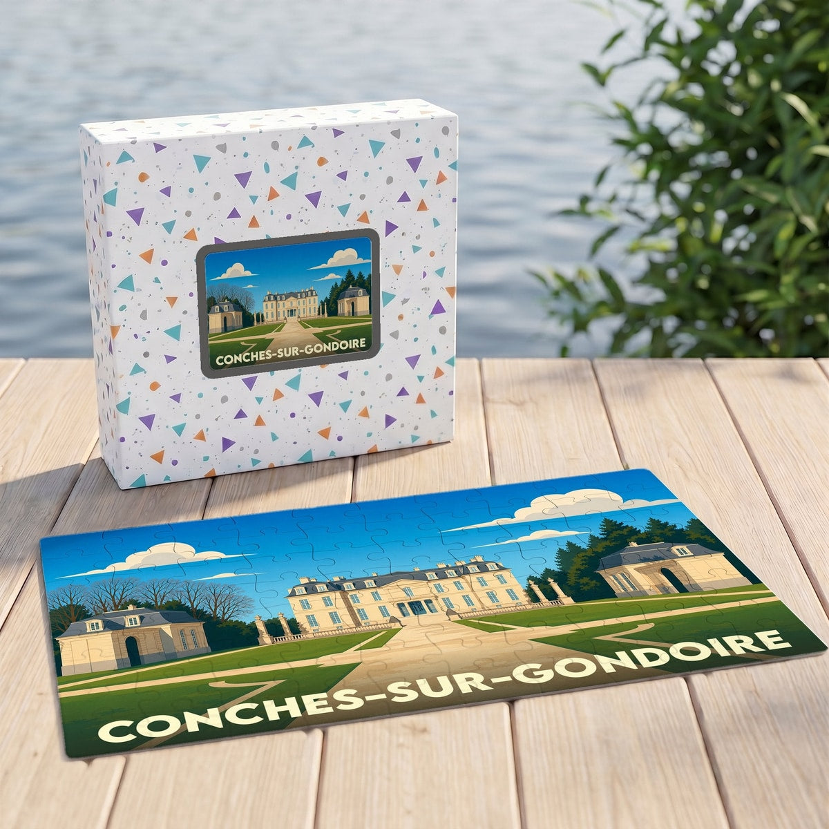 Puzzle souvenir de la ville de Conches-sur-Gondoire illustrant son château dans un style graphique épuré.