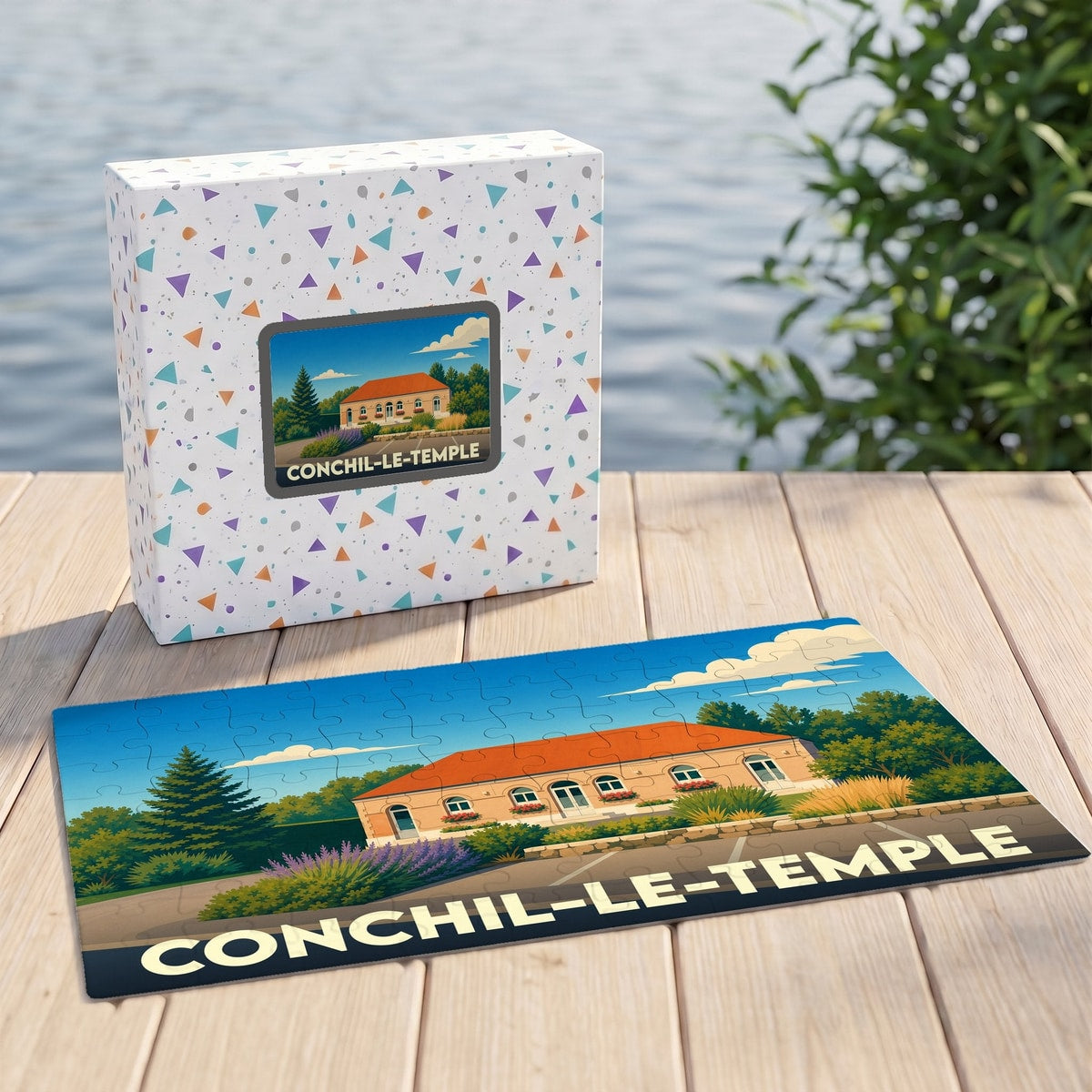 Puzzle souvenir de la ville de Conchil-le-Temple avec une illustration stylisée et colorée.