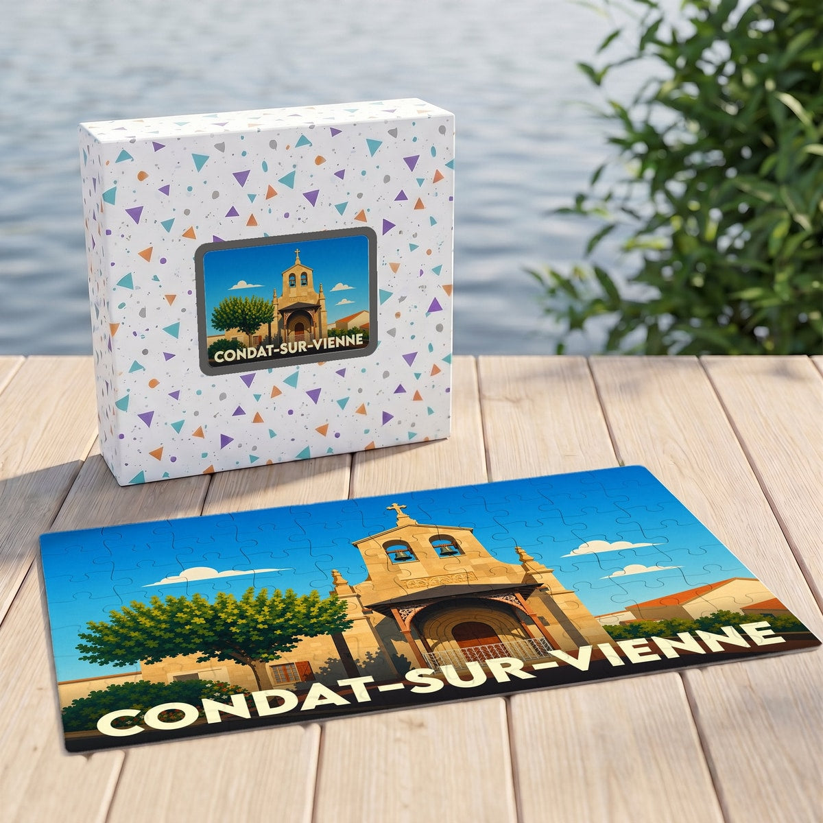 Puzzle souvenir de la ville de Condat-sur-Vienne avec une illustration stylisée de son église.