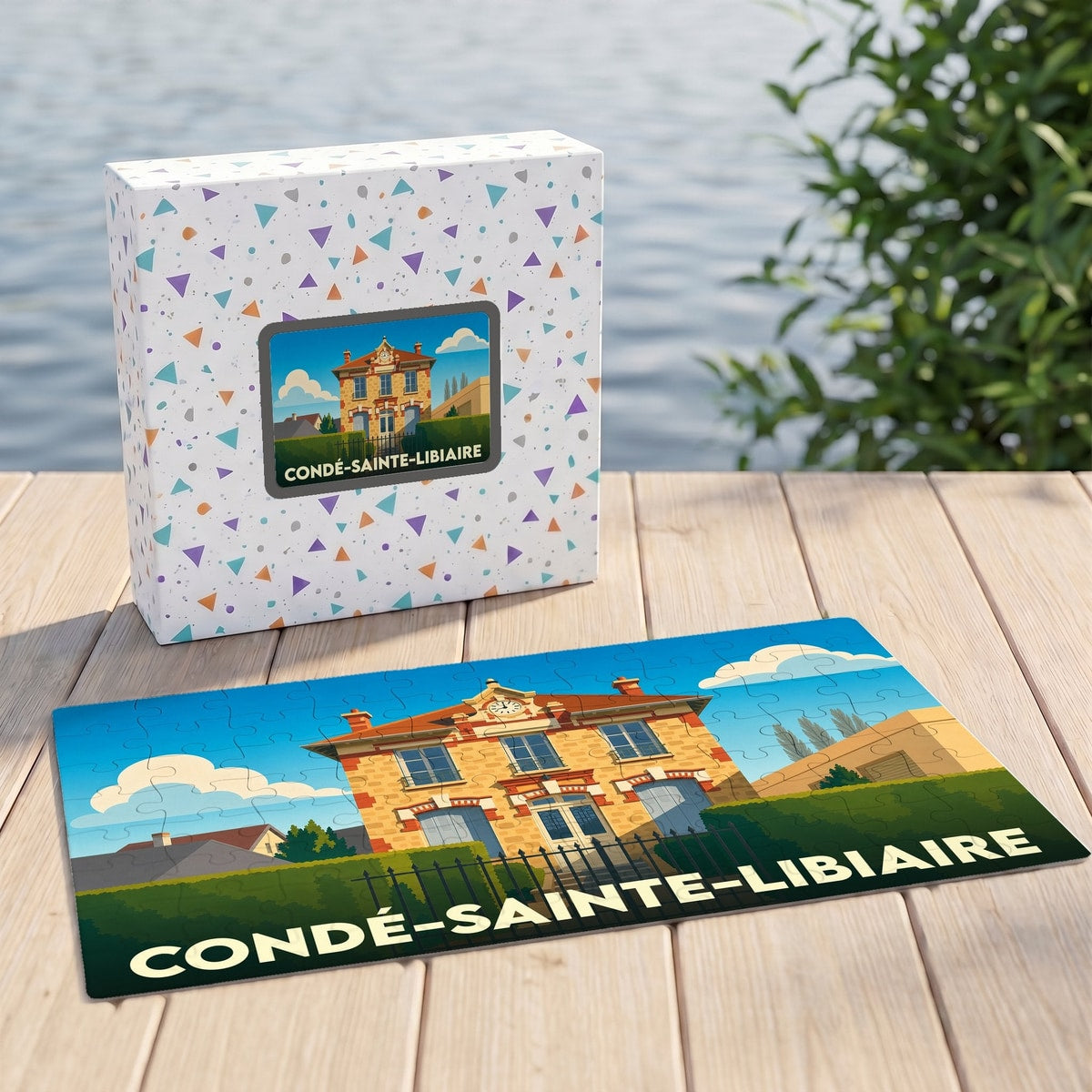 Puzzle souvenir de la ville de Condé-Sainte-Libiaire présentant une illustration stylisée de son patrimoine architectural.