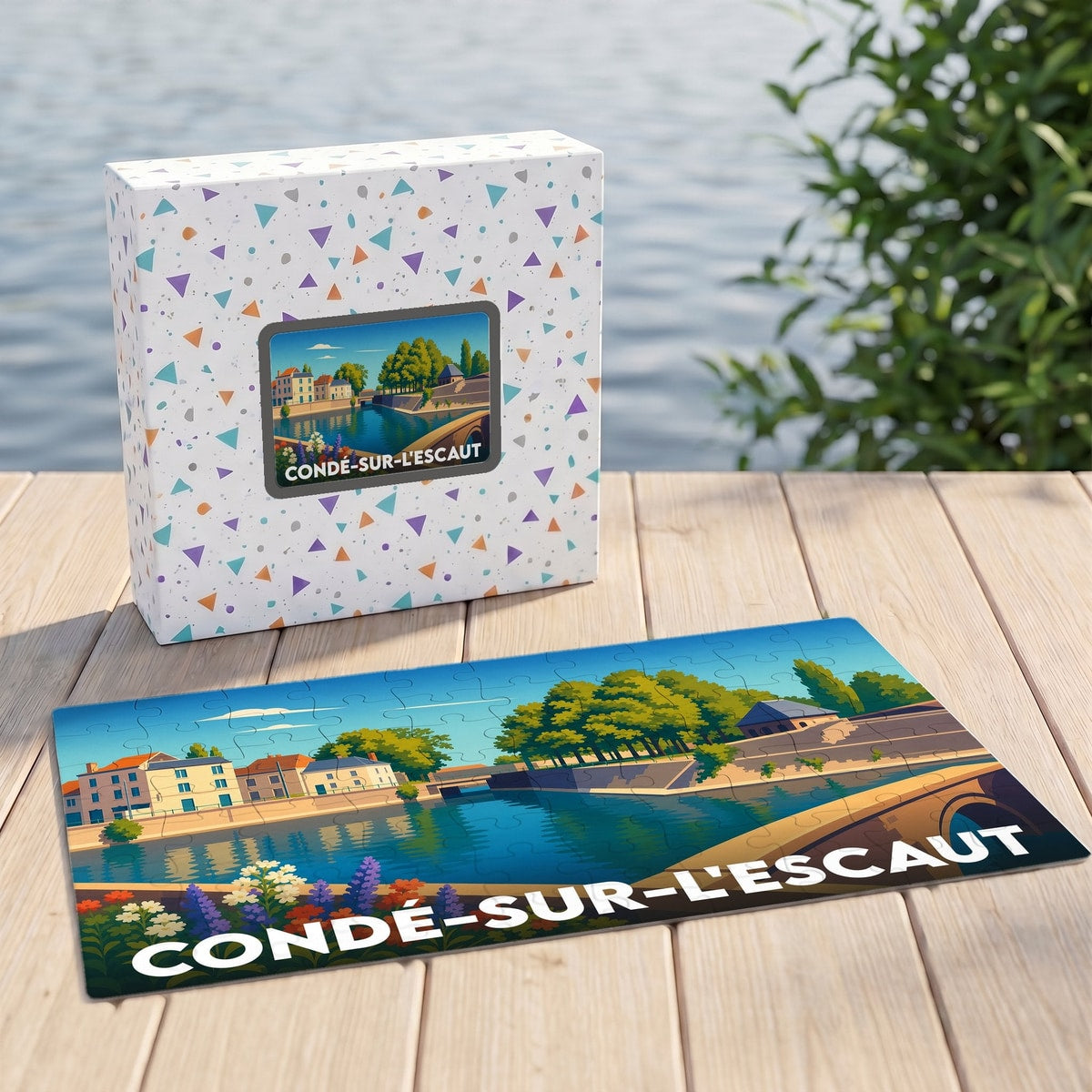 Puzzle souvenir de la ville de Condé-sur-l'Escaut avec une illustration stylisée d'un paysage urbain au bord de l'eau.