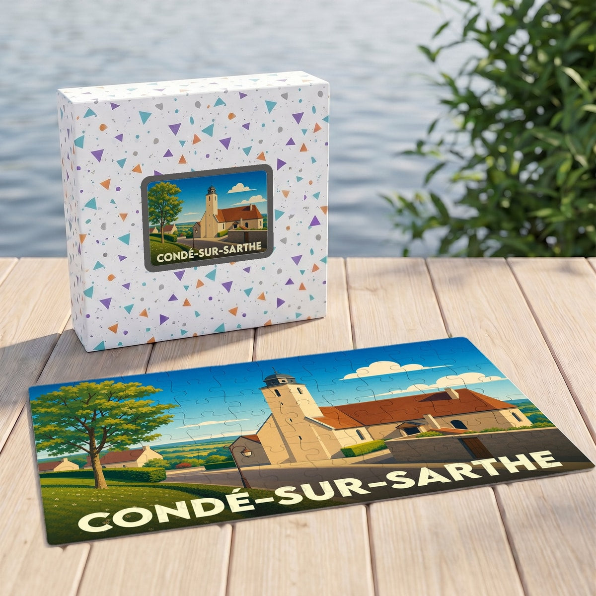 Puzzle souvenir de la ville de Condé-sur-Sarthe avec une illustration stylisée de son église et de son paysage.